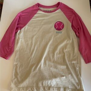 Women's Pink and White Baseball Tee DOUBLES & BUBBLES